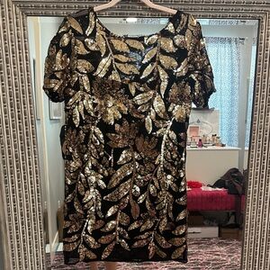 Maeve Black and Gold Leaf Sequin Mini Dress